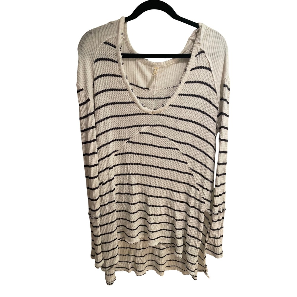 Free People We The Free Striped Thermal V-Neck Top White Black Waffle Knit Mediu
